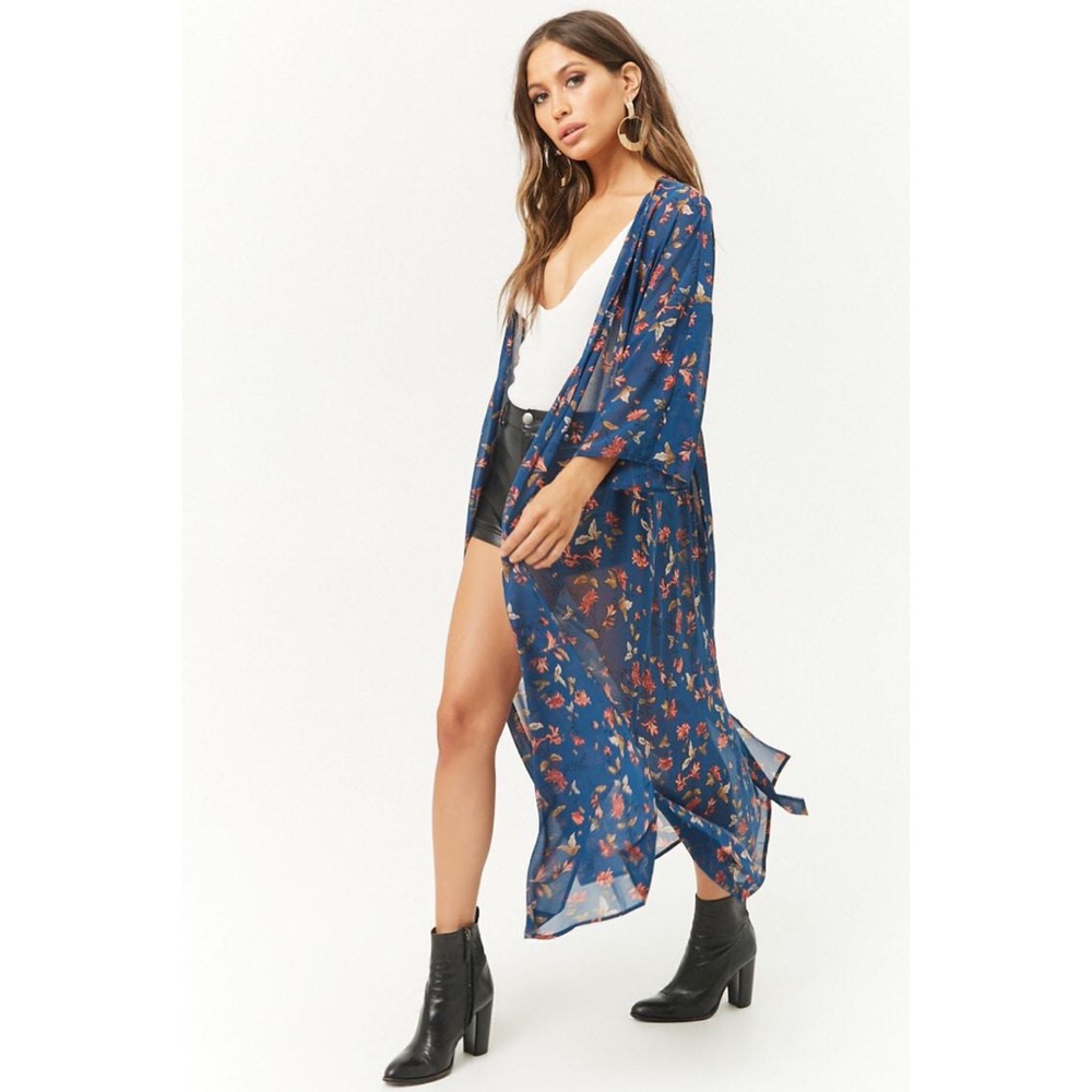 F21 Floral Chiffon Longline Kimono